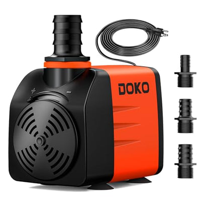 DOKO 480GPH Submersible Water Fountain Pump for Pond, Aquarium, Hydroponic | 1800L/H 35W Ultra Quiet Water Pump with 8.2ft Lift Height, 6FT Power Cord and 3 Nozzles for Fish Tank & Statuary - size: 35W 480GPH