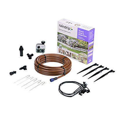 Raindrip SDGCBHP Automatic Drip Irrigation Watering Kit with Timer for Ground Cover & Flower Beds, Waters up to 200 Sq. ft, Timer with Customizable Settings & 13 GPH Half-Circle Adjustable Sprayers, Black;Galvanized Steel;Brown - color: Timer, style: Grou