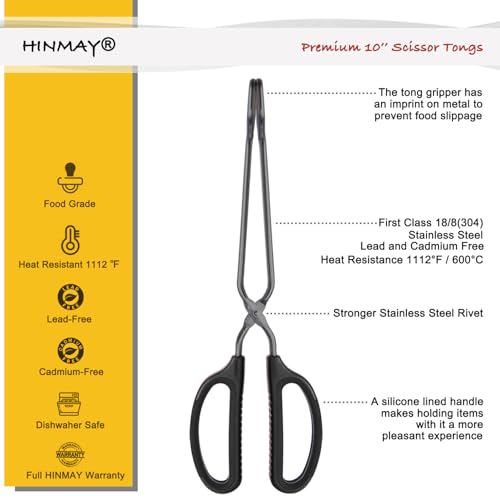 HINMAY 10" Stainless Steel Scissor Tongs with Comfort-Grip Handle (Black) - color: Black, size: 10-Inch