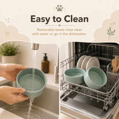 Havniva Raised Cat Bowl 5.1” Elevated Ceramic Cat Food and Water Bowl Set | Cat Bowls Elevated, Whisker Friendly Cat Bowl, Non-Slip Wood Stand, Food-Grade Ceramic, Wide Opening, Dishwasher Safe - color: Light Green, size: 2 Bowls+Tray - 5.1"