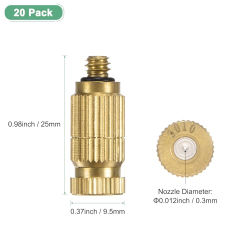 M METERXITY 20-Pack Brass Misting Nozzles, 0.012"/0.3mm Orifice Mister Nozzles Brass, High Pressure Spray Misting Nozzle Head for Outdoor Cooling System/Greenhouse/Landscaping [10/24 UNC] - size: 0.3mm