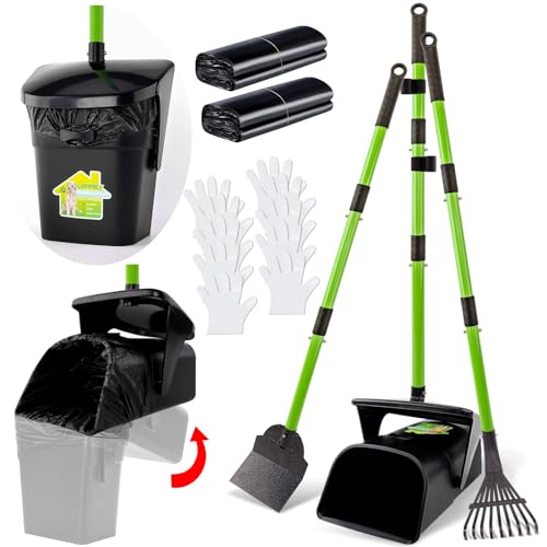 Pooper Scooper - 38" Long Adjustable Metal Handle Dog Pooper Scooper Swivel Bin & Rake & Spade with 50 Bags Attachment, Portable Heavy Duty Dog Poop Scooper for Yard Dogs Large Medium Small