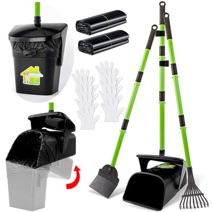 Pooper Scooper - 38" Long Adjustable Metal Handle Dog Pooper Scooper Swivel Bin & Rake & Spade with 50 Bags Attachment, Portable Heavy Duty Dog Poop Scooper for Yard Dogs Large Medium Small