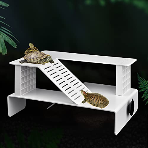 WEAVERBIRD Turtle Basking Platform, Double Decker Reptile Habitat | White Turtle Tank Platform Aquarium Animal Sink Wharf, Climbing Shelf Turtle Tank Dock Floating Decor, Floating Turtle Dock