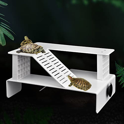 WEAVERBIRD Turtle Basking Platform, Double Decker Reptile Habitat | White Turtle Tank Platform Aquarium Animal Sink Wharf, Climbing Shelf Turtle Tank Dock Floating Decor, Floating Turtle Dock