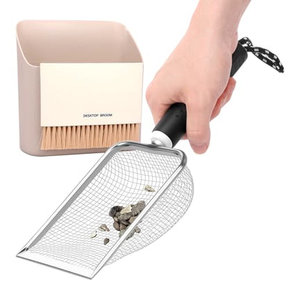Metal Cat Litter Scoop, Sturdy Litter Cleaner Corner Shovel with Small Broom & Dustpan, Speed Sifter Litter Box Scooper Captures All Clumps, Easy to Clean Reptile Terrarium Sand Waste (# A)