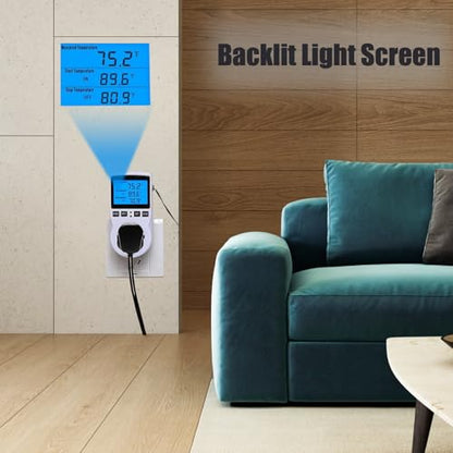 Plug in Digital Thermostat Temperature Controlled Outlet with Backlit LCD, 1800W 120V 15A Heating Cooling Control for Reptile, Incubation, Aquarium, Refrigerator, Home Brewing - color: With Backlit