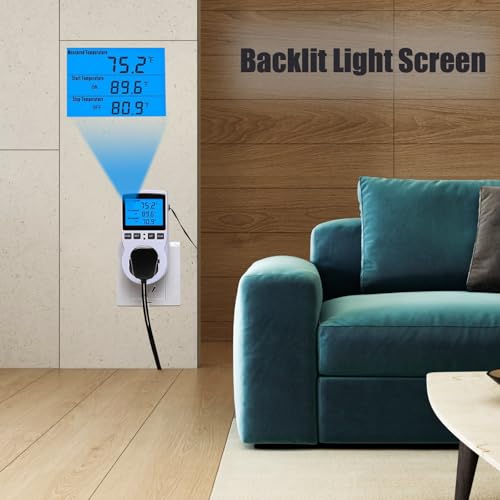 Plug in Digital Thermostat Temperature Controlled Outlet with Backlit LCD, 1800W 120V 15A Heating Cooling Control for Reptile, Incubation, Aquarium, Refrigerator, Home Brewing - color: With Backlit