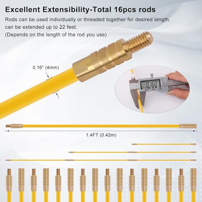 22FT Fiberglass Wire Running Kit, Cable Running Rods with 4 Attachments | Fiberglass Electrical Wire Running Rods, 22FT Non-Conductive Pulling Kit with 4 Interchangeable Heads, Carrying Case - size: 22FT-16 Rods