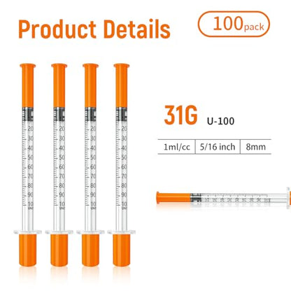 U-100 Syringes, 1ml syringe, 31g 5/16 1cc syringe with needle, lab syringes, Pack of 100 - size: 1ml-31G 5/16", style: 100 Pack