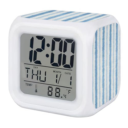 Abstract Blue Stripes Alarm Clock, Rustic Watercolor Denim Striped Classic Digital Clock Night Light with 7 Color, Calendar Temperature Display, NightLight Clock for Bedroom, 3.2x3.2in - color: Blue, Navy, White