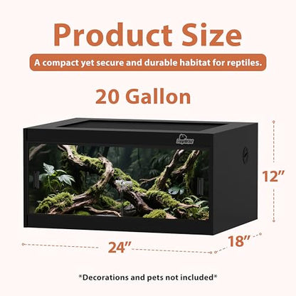 20 Gallon PVC Reptile Enclosure, RepWild 24"x18"x12" Terrarium/Tank with Heavy-Duty Screen Top, Glass Sliding Doors & Lock for Bearded Dragons, Ball Python, Geckos, Lizards - size: 24"W x 18"D x 12"H