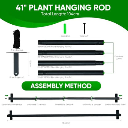 Window Plant Hanger with 4 Pots, 40 Inch Adjustable Hanging Planters for Indoor Plants, Metal Wall/Ceiling Plant Rod for Herbs, Flowers, Kitchen, Apartment & Balcony, Black