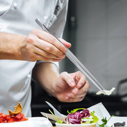 HOTEC Kitchen Tweezers Tongs Stainless Steel, Set of 4-10" and 12inch Extra-Long Food Tweezers Fine Kitchen Tongs for Cooking,Grill and Baking - color: Silver, size: 4PCS: 12 & 10 Inch