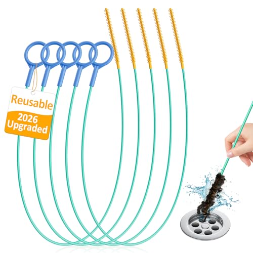 Reusable Drain Snake Hair Clog Remover, 30 inch Drain Cleaner Tool (5 Pack) | Anti-Break Metal Core & Nylon Layer, Flexible Shower Snake for Bathroom Sinks, Tubs and Shower Pipes