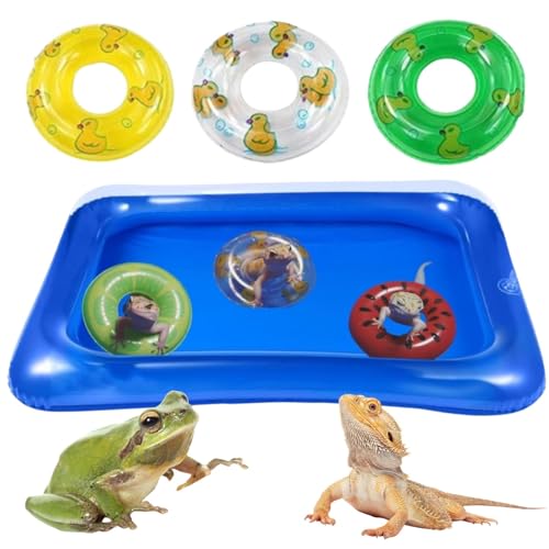 Small Animal Swimming Pool with Inflatable Float Set - Inflatable Reptile Bathing Swimming Pool Bath Tub Reptile Swim Float Ring for Lizard Amphibians Grooming Health Supplies (Blue)