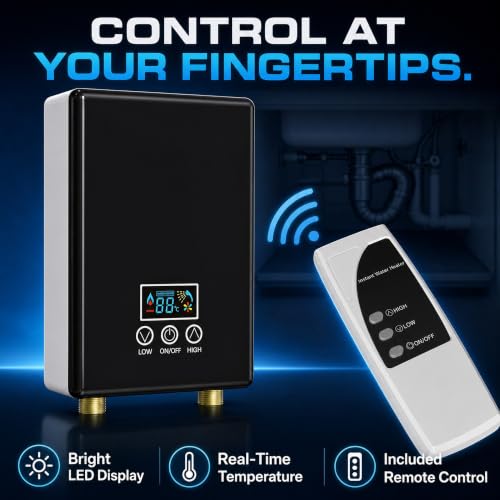 Tankless Electric Water Heater, 240V 6500W On-Demand Instant Hot Water Heater with Digital Display & Remote Control, Point-of-Use Under Sink for Kitchen, Laundry, RV, Bathroom - color: Black