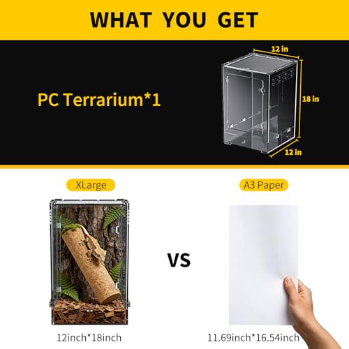 Reptile Tall Terrarium,11 Gollon Vertical PC Terrarium,12"x12"x18" Habitat Enclosure with Front Openning Door and Top Screen Ventilation for Geckos, Snakes,Tree Frogs,Chameleon,Bearded Dragons - size: 12"*12"*18"