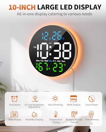 10 Inch Large Digital Wall Clock with 9 Color Changing Remote Control, Date Week Temperature, Auto Brightness Dimmer Clock Night Lights,Blue+Green - color: Blue+green