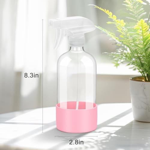 Worldgsb 2 Pack Glass Spray Bottles with Silicone Sleeve, 16 oz Empty Refillable Containers with Adjustable Spray Nozzles, Spray Bottles for Hair, Cleaning Solutions and Plants Pink - color: Pink