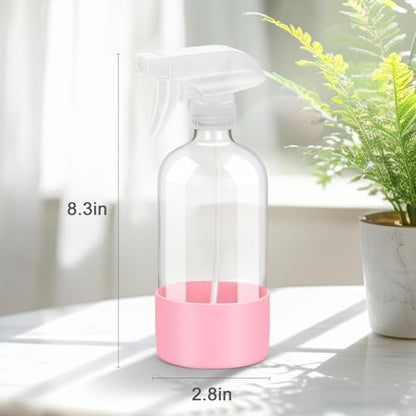 Worldgsb 2 Pack Glass Spray Bottles with Silicone Sleeve, 16 oz Empty Refillable Containers with Adjustable Spray Nozzles, Spray Bottles for Hair, Cleaning Solutions and Plants Pink - color: Pink