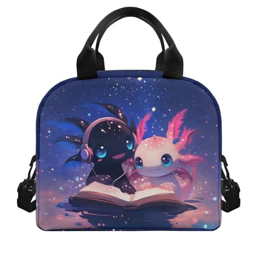 Axolotl Kids Lunch Bag Girls Reptiles Lunch Box Outdoor Book Insulated Lunch Tote Bag Portable Lunch Containers Travel Camping Lunchbag with Shoulder Straps Galaxy Lunch Boxes - color: Axolotl Book Galaxy