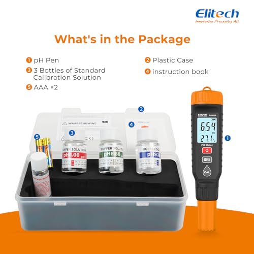 Elitech PHM-230 Professional Digital pH Pen Meter for Water and Solutions | pH Temperature Tester with ATC, Full Calibration Kit, 0.00-14.00 Range for Hydroponics, Growing, Drinking Water, Plants