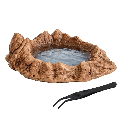 Reptile Water and Food Bowl with Feeding Tweezers Volcanic Rock Style Cement Feeding Dish for Bearded Dragon Leopard Gecko Lizard and Snake Non-Tip Terrarium Decor Landscape Accessory (Brown)