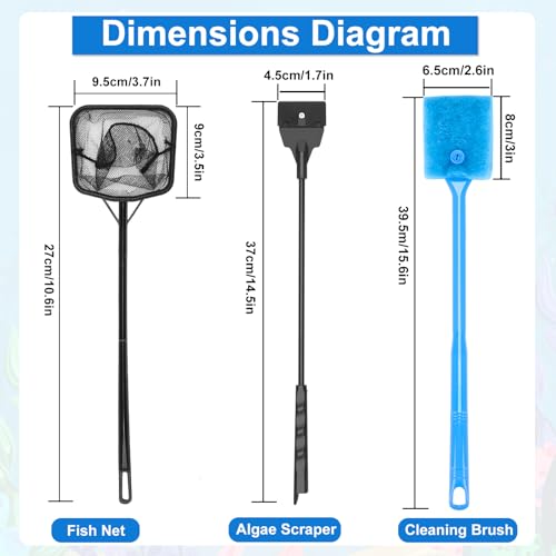 Fish Tank Cleaner, Aquarium Cleaning Tools Set of 3 Pieces, Include Algae Scraper for Glass Aquariums Fish Net for Fish Tank Aquarium Brush Suitable for Saltwater and Freshwater Aquarium