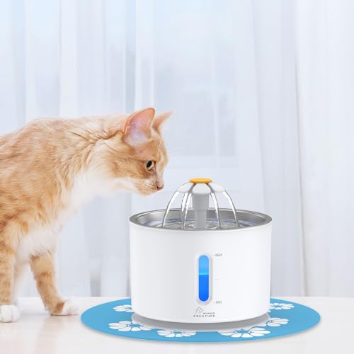 Wonder Creature Cat Water Fountain Stainless Steel Lid 81oz/2.4L-3 Filters | Pet Fountain with 3 Carbon Filters, 1 Mat, Quiet pump, LED Water Level Window, BPA-Free Stainless Steel Lid