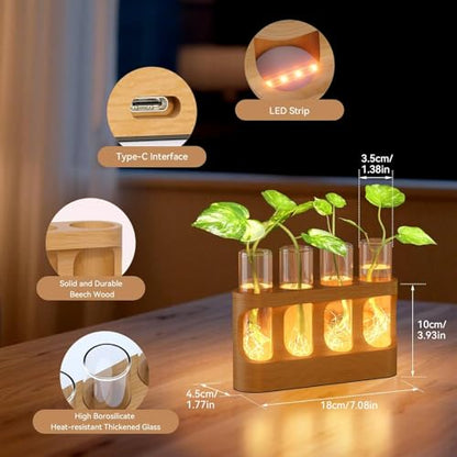 Plant Propagation Station with Wooden Stand, Gardening Gifts for Plant Lovers, 9-Level Dimmable LED Light 4 Glass Test Tubes Vases for Hydroponic Plants - Desktop Terrarium for Home Decor