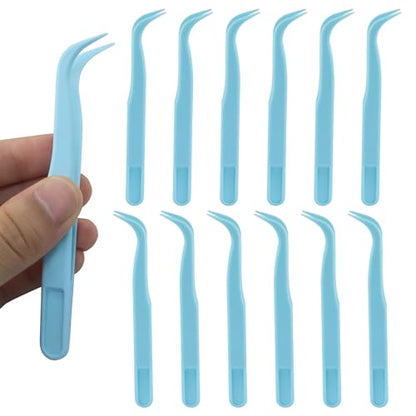 12Pcs Plastic Tweezers, Blue, 4.5 Inch Bent Craft | Craft Tweezers, Bead Tweezer, DIY Jewelry Making, Baking Decoration - color: Blue