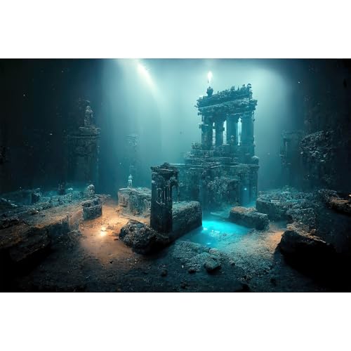 Fantasy Lost Underwater City Aquarium Background Misty Ancient Temple Stone Columns Fish Tank Background Under Water Magical Foggy Ruined Atlantis Buildings Reptile Tank Enclosure Backgrounds 30x12in - color: Light Blue, size: 30(W)x12(H)inches/ 75(W)*30c
