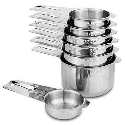 7-Piece 18/8 Stainless Steel Measuring Cups Set, Silver | Includes 1/16, 1/4, 1/3, 1/2, 2/3, 3/4 and 1 Cup, Engraved US and Metric Markings, Pour Spouts and Ring Connector - color: Silver, size: 7 Piece