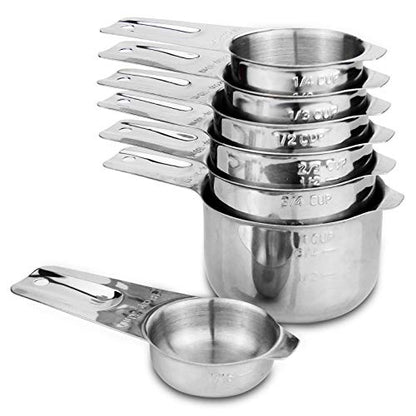 7-Piece 18/8 Stainless Steel Measuring Cups Set, Silver | Includes 1/16, 1/4, 1/3, 1/2, 2/3, 3/4 and 1 Cup, Engraved US and Metric Markings, Pour Spouts and Ring Connector - color: Silver, size: 7 Piece