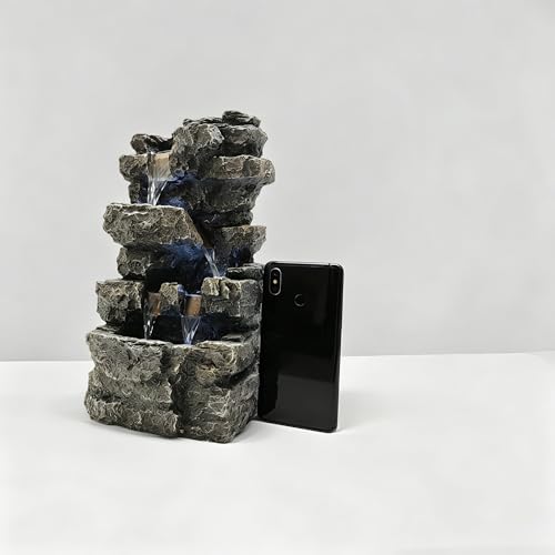 Tabletop Rock Waterfall Fountain, 4-Tier Stacked Stone, Resin, LED Lights, USB Powered, 7.08 x 5.5 x13.3Inches