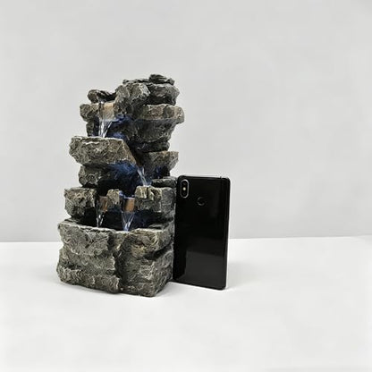 Tabletop Rock Waterfall Fountain, 4-Tier Stacked Stone, Resin, LED Lights, USB Powered, 7.08 x 5.5 x13.3Inches