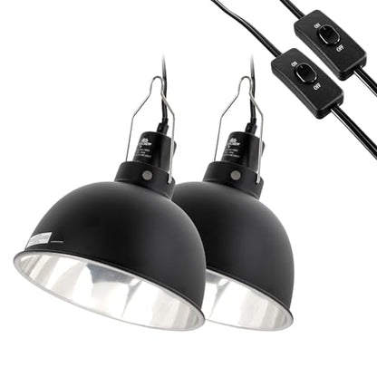 2 Pack Reptile Light Fixture, 8.5in Deep Dome Reptile Lamp Fixture, Optical Reflection Cover, Separate Switch & Hook, Terrarium Light Fixture for Reptile Heat Basking UVB Bulbs, 150W, Black - size: 8.5in