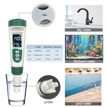 5-in-1 Water Quality Tester: Salinity, pH, TDS, EC & Temperature Meter for Aquarium, Pool, Spa, Pond and Hydroponics
