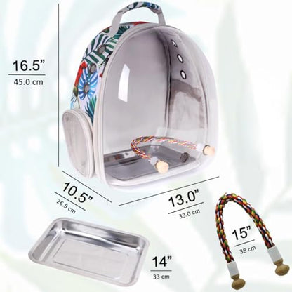 Bird Traval Carrier Cage, Clear Space Capsule Astronaut Backpack to Carry Parakeet Cockatiel Parrot with Metal Tray Wooden Perch and Bird Feeder, Vet Transport Book Bag Floral Printed - color: Floral