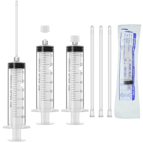 60ml Luer Lock Syringe with Cap and Soft Plastic Tube, 10 Pack | Suitable for Pet Liquids Feeding, Individually Wrapped - size: 60ml - 4.0mm Tube