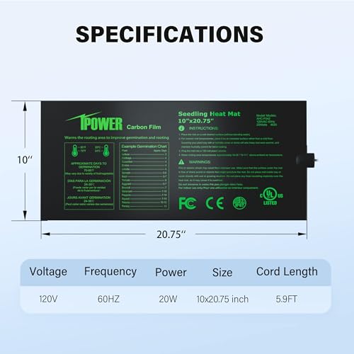 iPower 10" x 20.75" Seeding Heat Mat Upgraded Carbon Film Indoor Warm Waterproof Plant Germination Starting Pad, Black - size: 10" x 20.75", style: Heat Mat