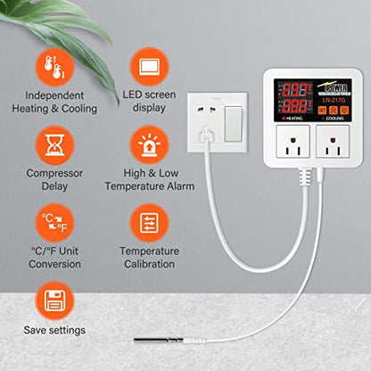iPower Temperature Controller 1200W 10A Dual Digital Outlet Thermostat Plug, Pre-Wired, 2 Stage Heating and Cooling Mode, Fermentation BBQ Reptile Aquarium