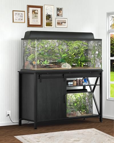 Aquarium Stand with Sliding Door,55-75 Gallon Fish Tank Stand,Black | Heavy Duty Metal,2-Tier Breeder Turtle Reptile Terrarium Stand for Home & Office,52"x 21"MDF Tabletop,1200lbs Capacity,Black - color: Black, size: 55-75 Gallon