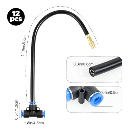 12 Pcs Brass Misting Nozzles Tee with 12 Inch Built in Hose for Patio Outdoor Cooling 360 Rotation Adjustable Water Mister Nozzles Thread Sprayer-0.043" orifice, Tee Compatible with 0.31”Misting Hose