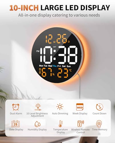 10 Inch Large Digital Wall Clock with 9 Color Changing Remote Control, Date Week Temperature, Auto Brightness Dimmer Big Clock Night Lights,Orange - color: Orange