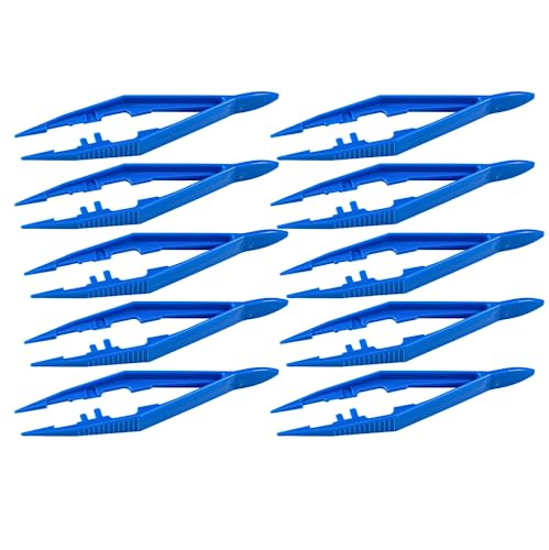 Vakly Disposable Plastic Forceps Tweezers Blue (10 Pack) – Serrated Tip Pickup Tweezers with Finger Ridges & Narrow Points for First Aid, Medical, Lab, Crafts & School Science