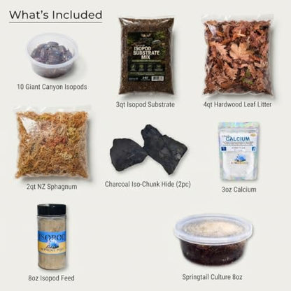 Giant Canyon Isopods 10 Count Colony Kit - 3qt Isopod Substrate + 4qt Leaf Litter + 2qt Sphagnum + Charcoal Iso-Chunk Hide + 3oz Calcium + 8oz Isopod Feed + 8oz Arid Springtails