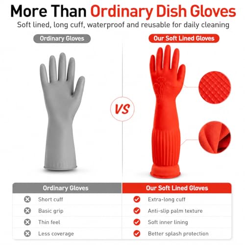 ThxToms Rubber Dishwashing Cleaning Gloves (2-Pair) - Fleece Lined | Reusable Long Dish Gloves for Washing Dishes, Waterproof Kitchen Gloves with Extra-Long Cuff & Anti-Slip Design, Large - size: Large (Pack of 4)