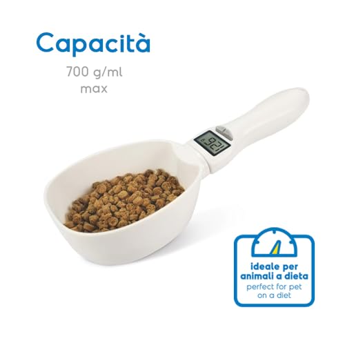 Record Measuring Spoon, Cradle for Dry Food for Dogs and Cats, Integrated Digital Scale, Maximum Load Capacity 800 g/ml, BPA-Free Plastic, White